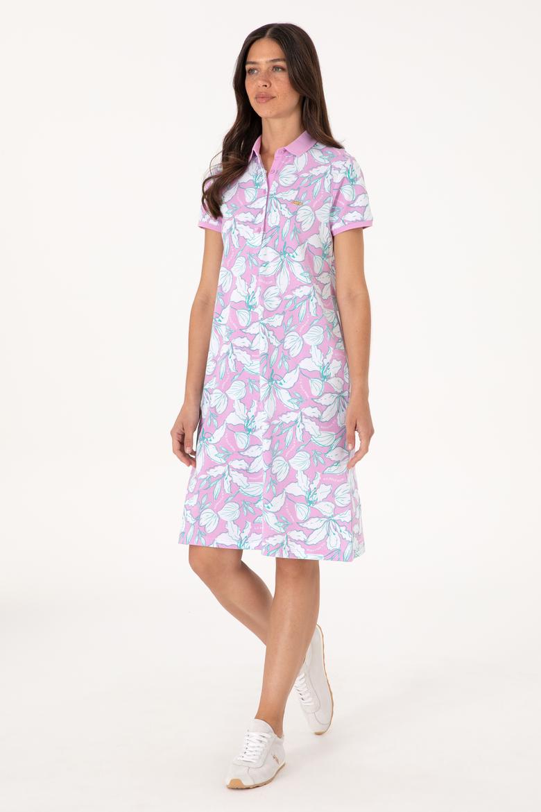 Kadın Fuşya Desenli Polo Yaka Mini Boy Örme Elbise - 50300768004