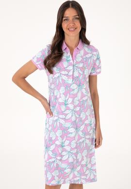 Kadın Fuşya Desenli Polo Yaka Mini Boy Örme Elbise - 50300768004