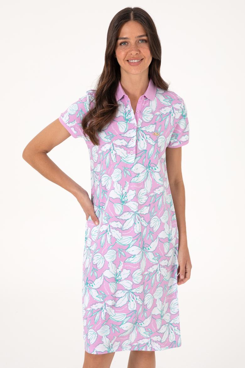 Kadın Fuşya Desenli Polo Yaka Mini Boy Örme Elbise - 50300768004