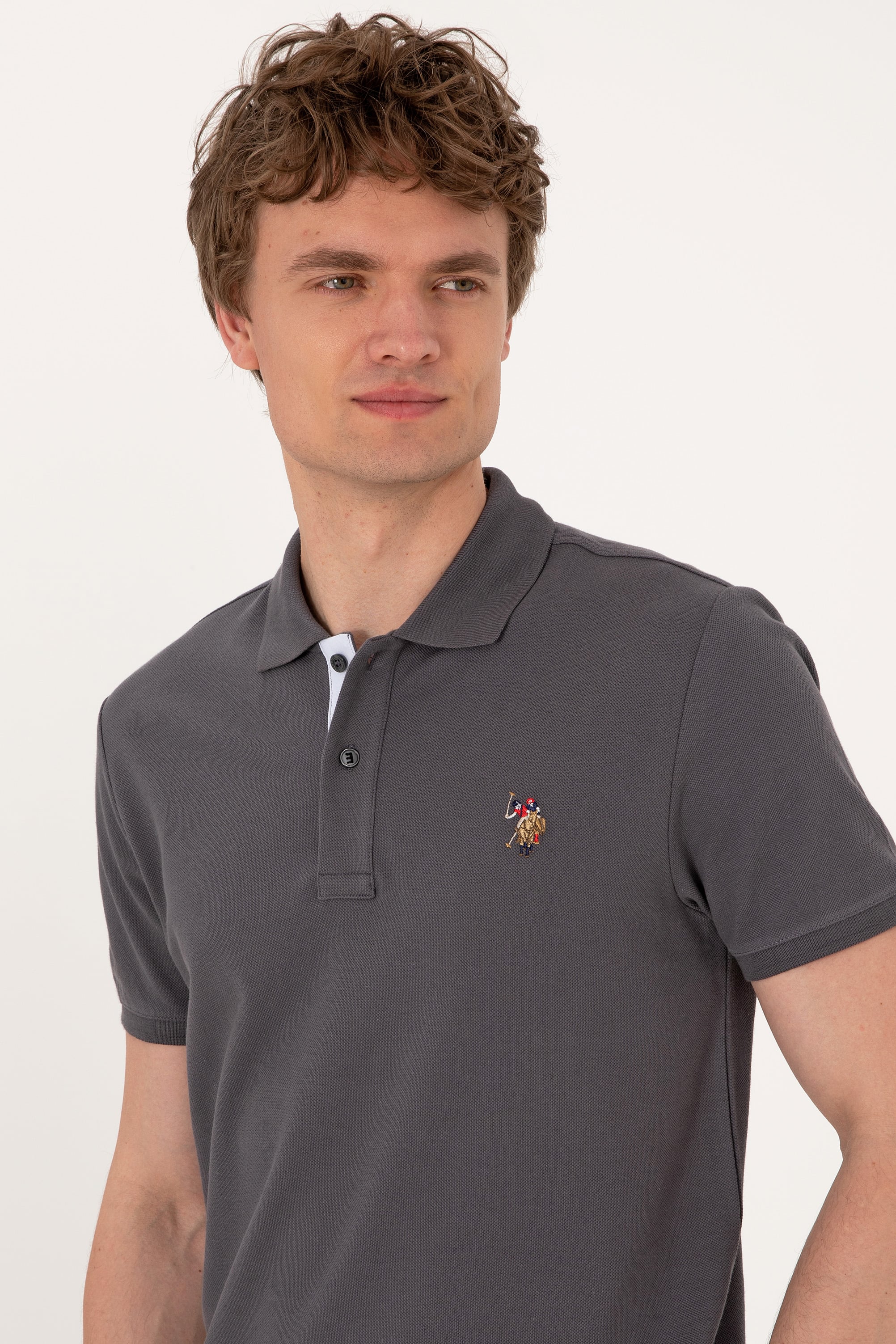 Erkek Slim Fit Polo Yaka Antrasit Basic Tişört - Image 2