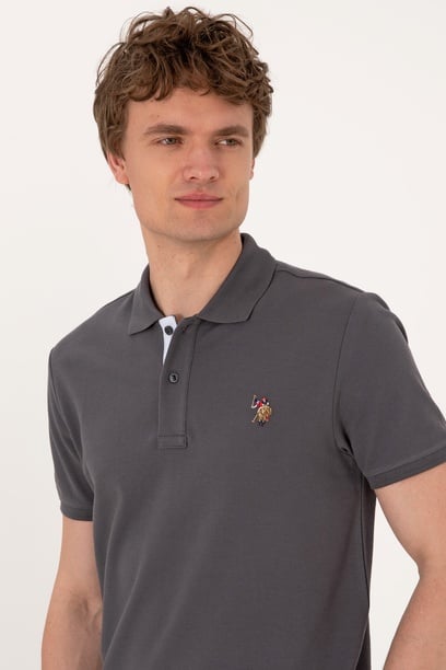 Erkek Slim Fit Polo Yaka Antrasit Basic Tişört