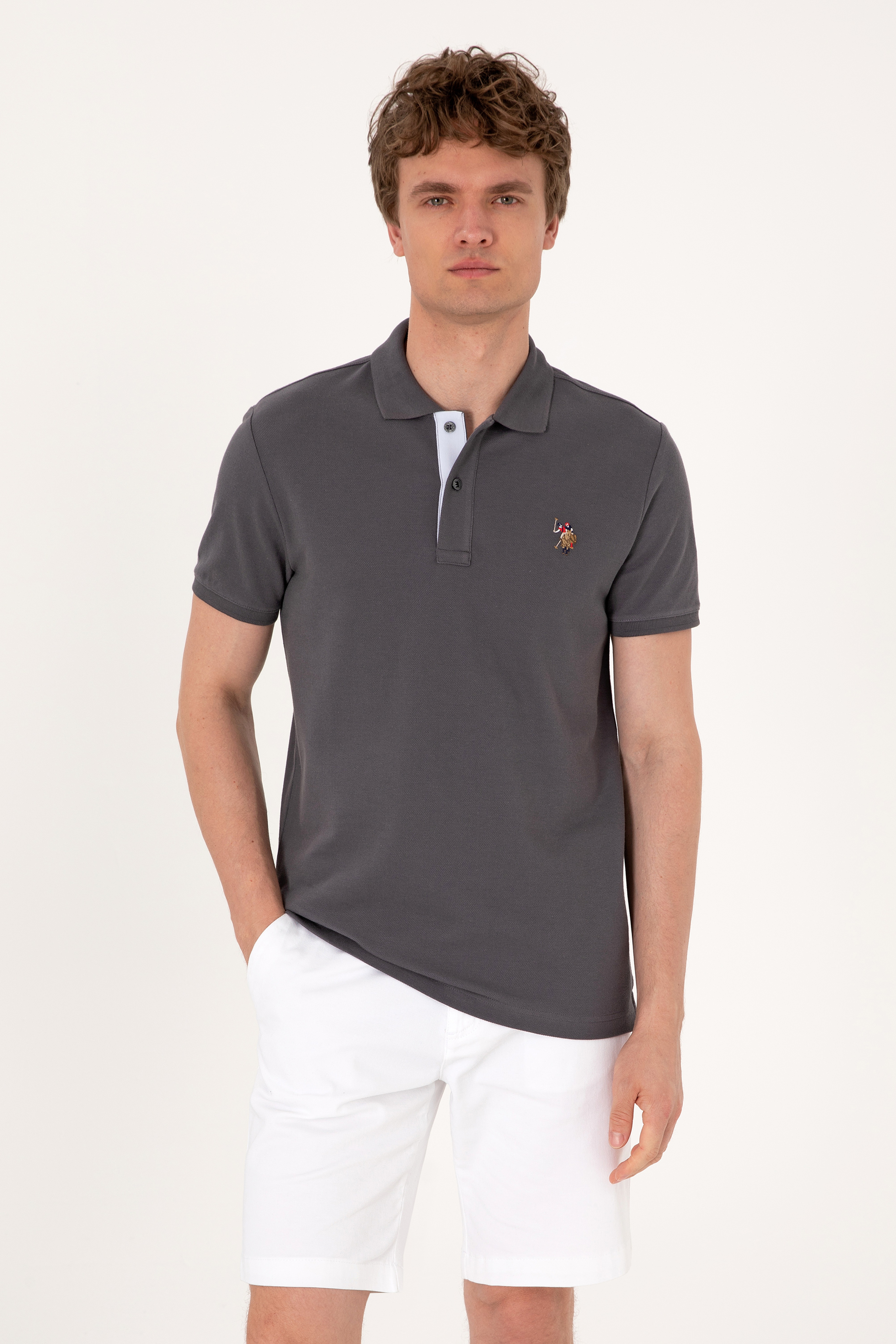 Erkek Slim Fit Polo Yaka Antrasit Basic Tişört - Image 1