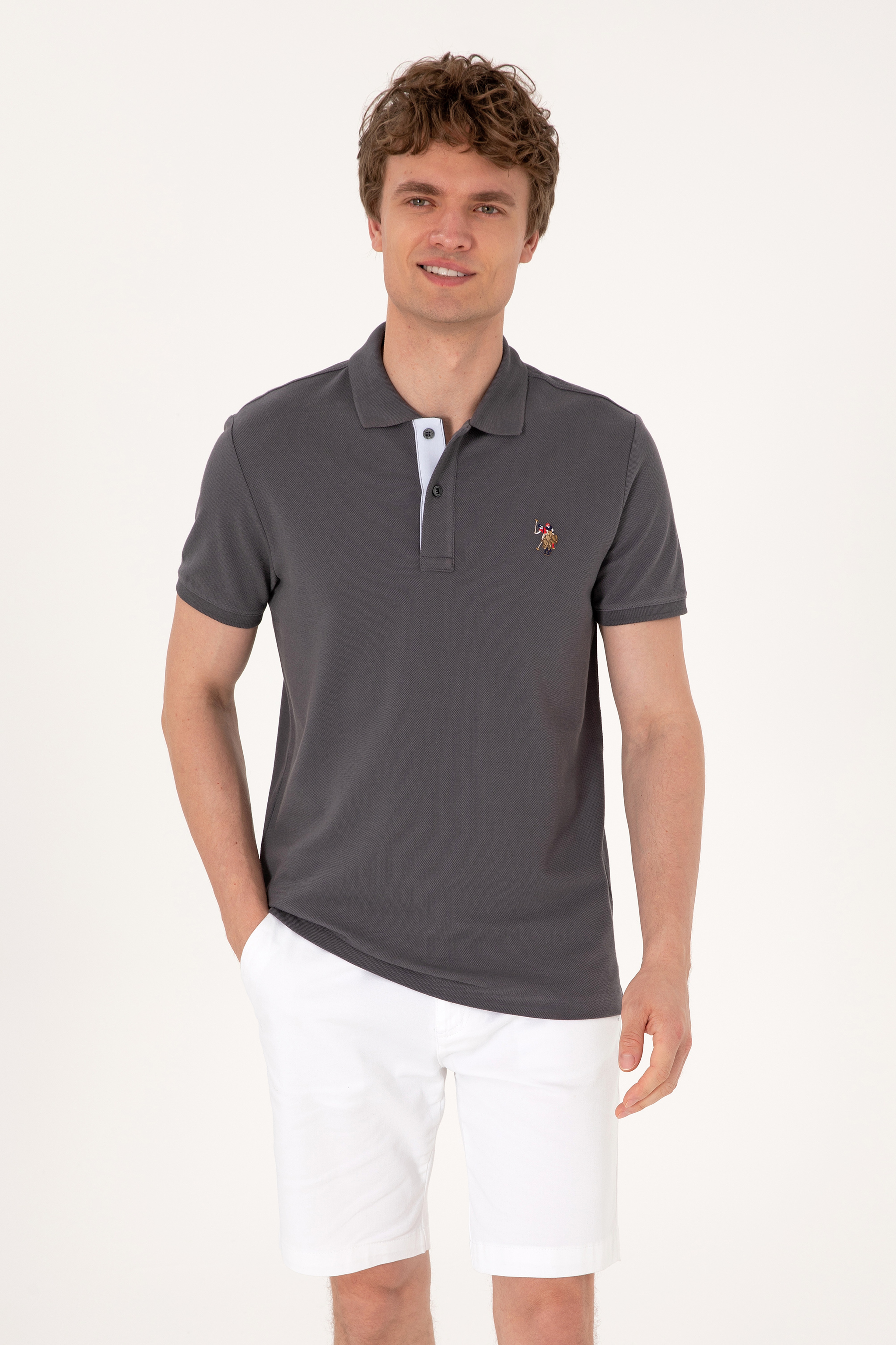 Erkek Slim Fit Polo Yaka Antrasit Basic Tişört