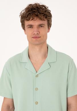 Erkek Su Yeşili Apaş Yaka Kısa Kollu Örme Gömlek - 50306977023