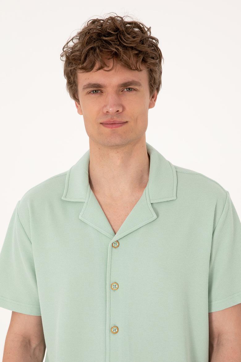 Erkek Su Yeşili Apaş Yaka Kısa Kollu Örme Gömlek - 50306977023