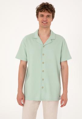 Erkek Su Yeşili Apaş Yaka Kısa Kollu Örme Gömlek - 50306977023