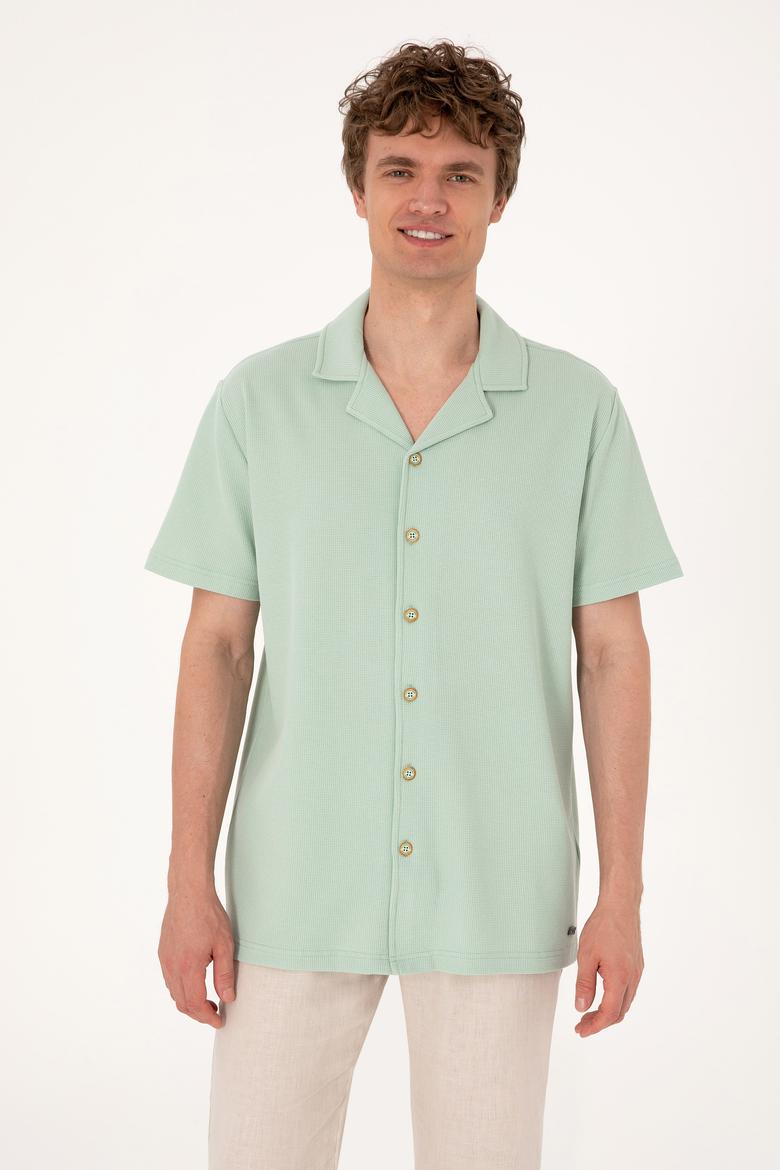 Erkek Su Yeşili Apaş Yaka Kısa Kollu Örme Gömlek - 50306977023