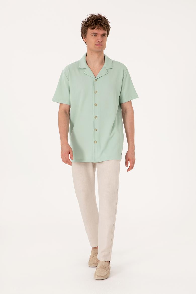 Erkek Su Yeşili Apaş Yaka Kısa Kollu Örme Gömlek - 50306977023