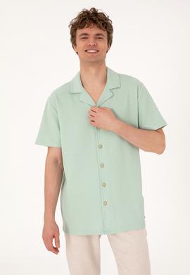 Erkek Su Yeşili Apaş Yaka Kısa Kollu Örme Gömlek - 50306977023