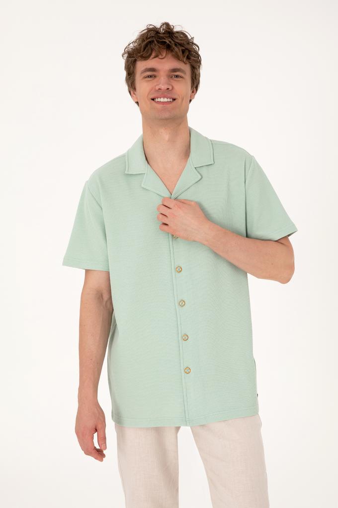 Erkek Su Yeşili Apaş Yaka Kısa Kollu Örme Gömlek