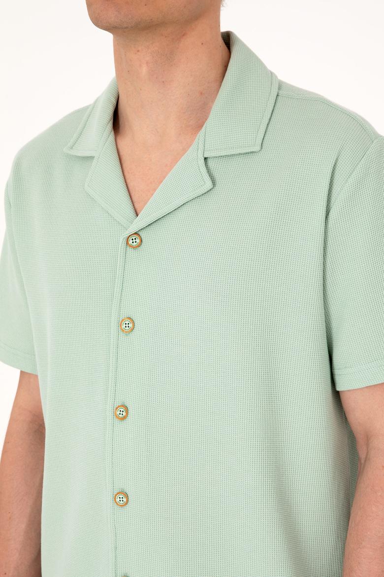 Erkek Su Yeşili Apaş Yaka Kısa Kollu Örme Gömlek - 50306977023