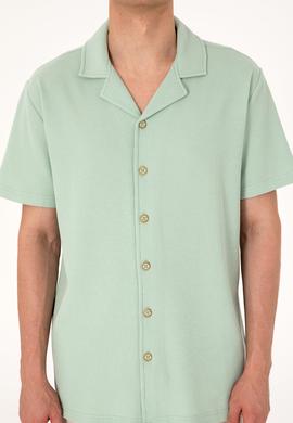 Erkek Su Yeşili Apaş Yaka Kısa Kollu Örme Gömlek - 50306977023