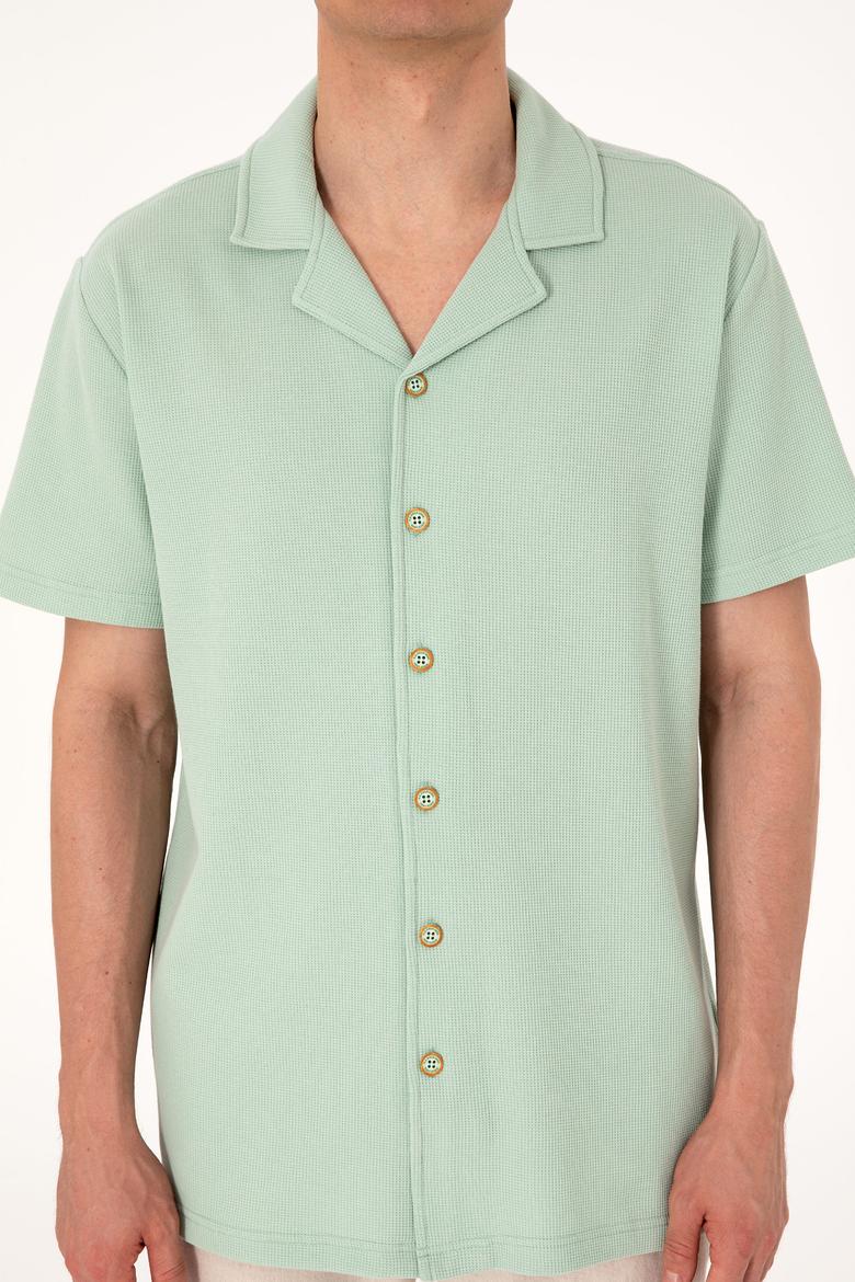 Erkek Su Yeşili Apaş Yaka Kısa Kollu Örme Gömlek - 50306977023