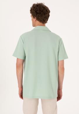 Erkek Su Yeşili Apaş Yaka Kısa Kollu Örme Gömlek - 50306977023