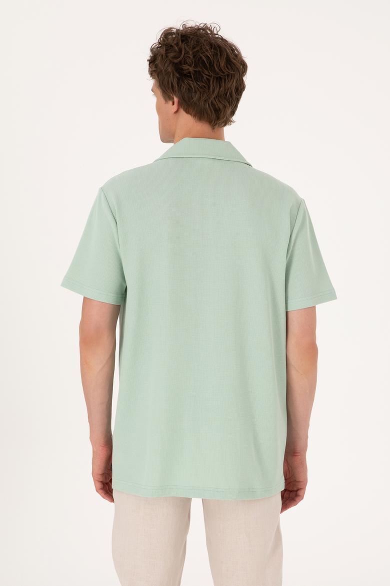 Erkek Su Yeşili Apaş Yaka Kısa Kollu Örme Gömlek - 50306977023
