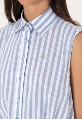 Kadın Mavi Çizgili Kısa Kollu Gömlek - 50306475011