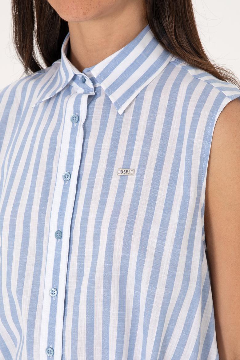 Kadın Mavi Çizgili Kısa Kollu Gömlek - 50306475011