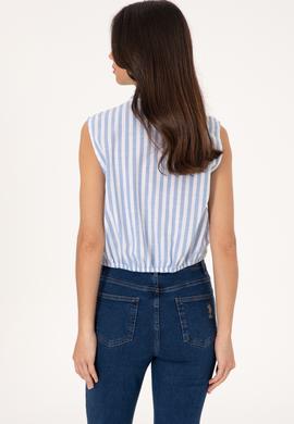 Kadın Mavi Çizgili Kısa Kollu Gömlek - 50306475011