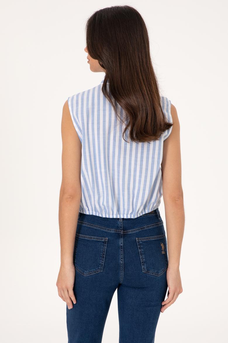Kadın Mavi Çizgili Kısa Kollu Gömlek - 50306475011