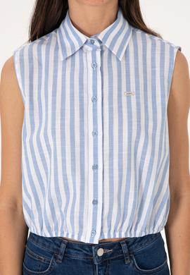Kadın Mavi Çizgili Kısa Kollu Gömlek - 50306475011