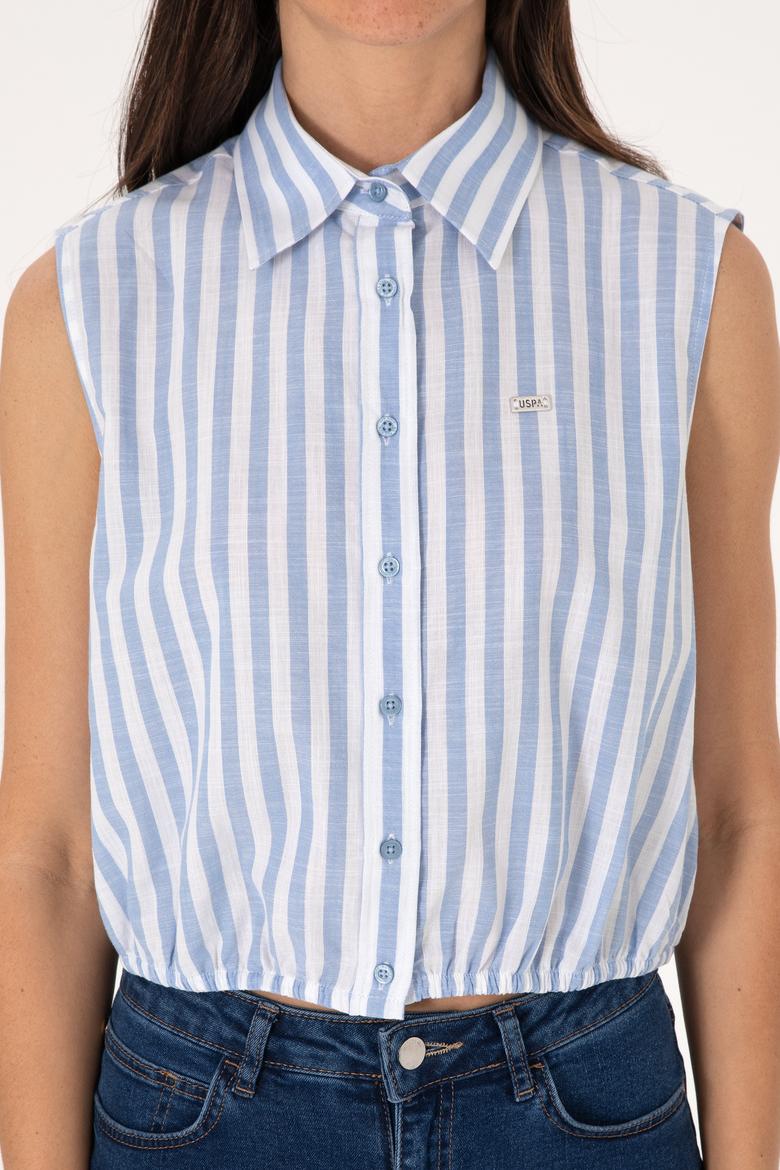Kadın Mavi Çizgili Kısa Kollu Gömlek - 50306475011