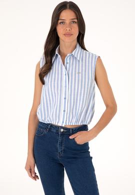 Kadın Mavi Çizgili Kısa Kollu Gömlek - 50306475011