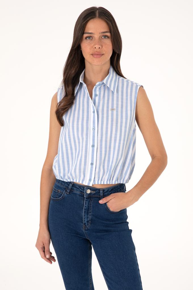 Kadın Mavi Çizgili Kısa Kollu Gömlek