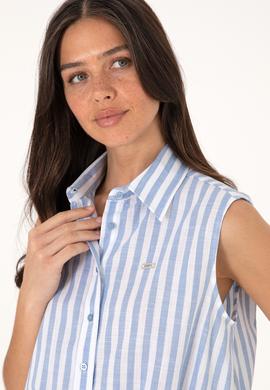 Kadın Mavi Çizgili Kısa Kollu Gömlek - 50306475011
