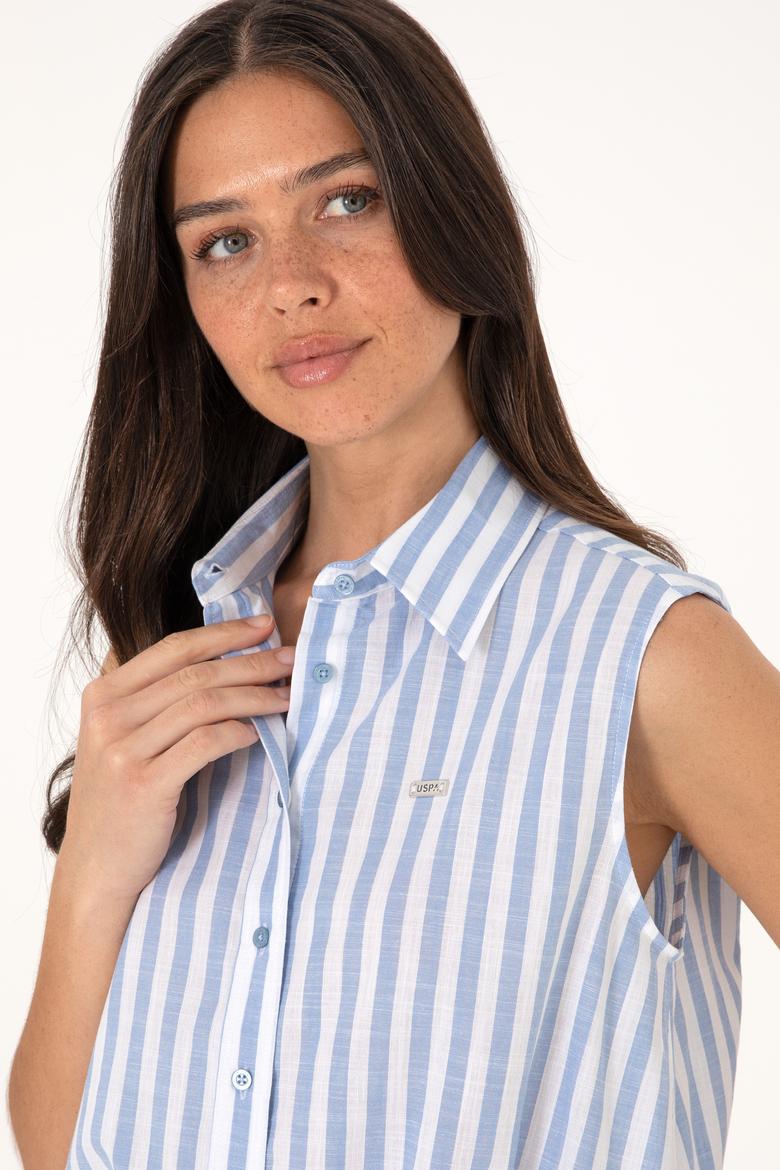 Kadın Mavi Çizgili Kısa Kollu Gömlek - 50306475011