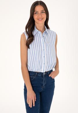 Kadın Mavi Çizgili Kısa Kollu Gömlek - 50306475011
