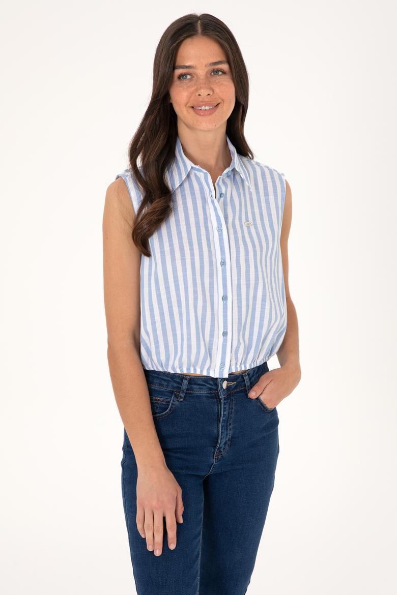 Kadın Mavi Çizgili Kısa Kollu Gömlek - 50306475011