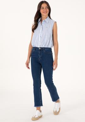 Kadın Mavi Çizgili Kısa Kollu Gömlek - 50306475011