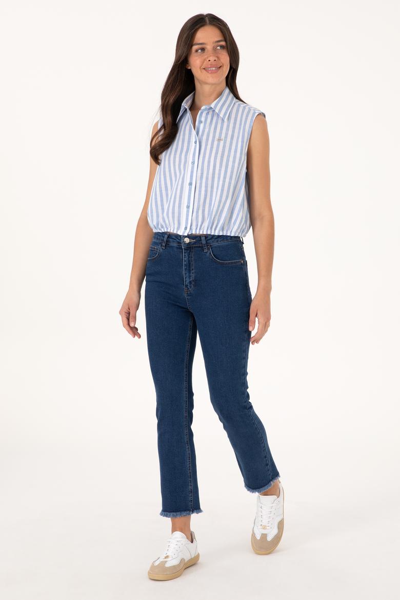 Kadın Mavi Çizgili Kısa Kollu Gömlek - 50306475011