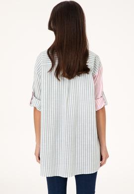 Kadın Pembe Çizgili Uzun Kollu Tunik Gömlek - 50307656027