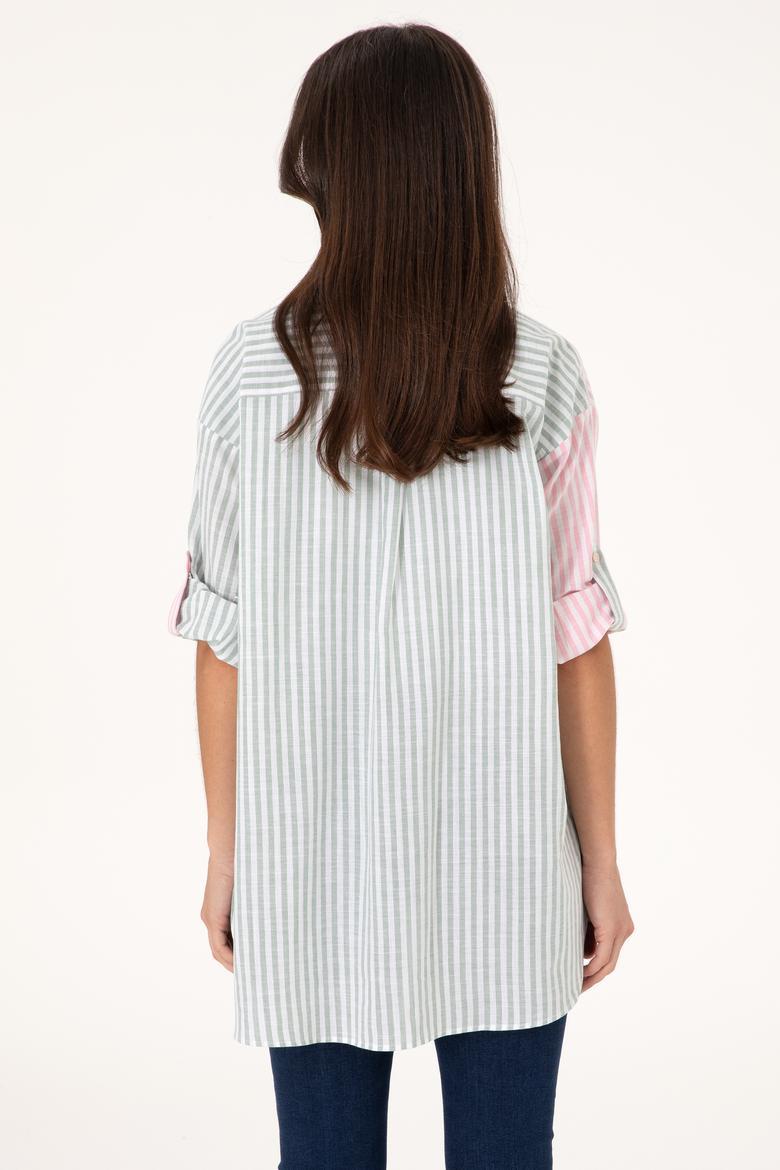 Kadın Pembe Çizgili Uzun Kollu Tunik Gömlek - 50307656027