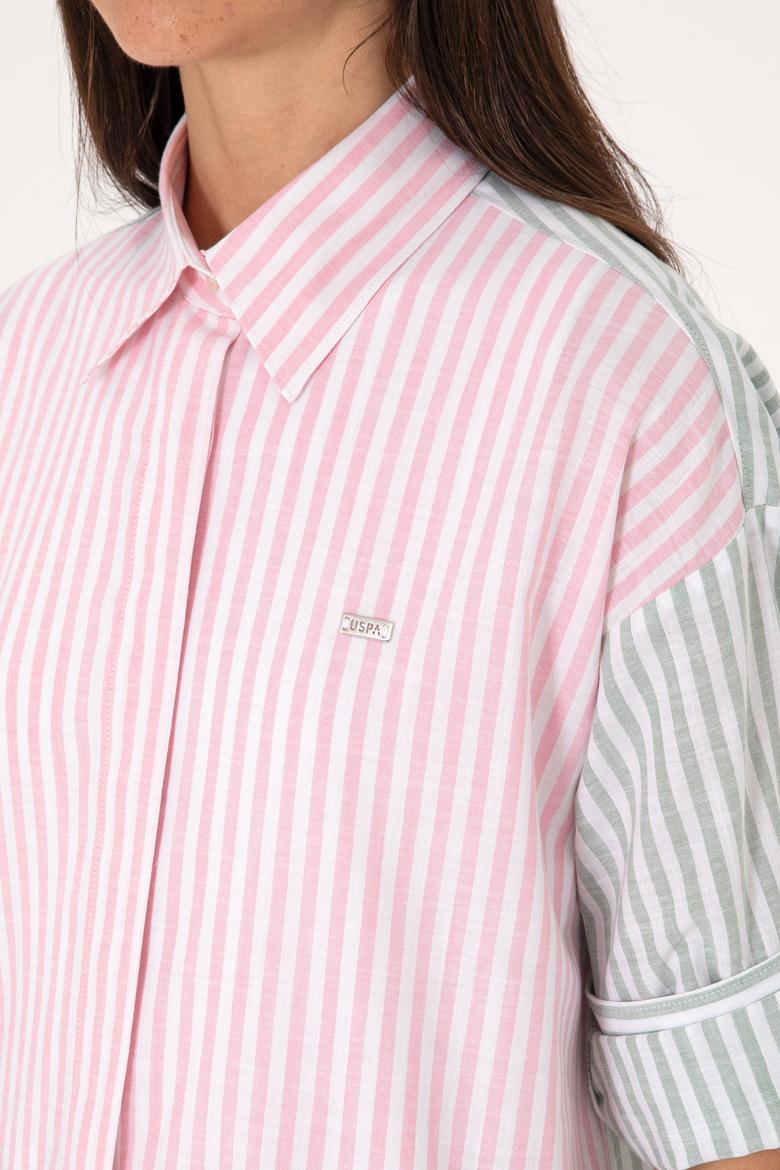 Kadın Pembe Çizgili Uzun Kollu Tunik Gömlek - 50307656027