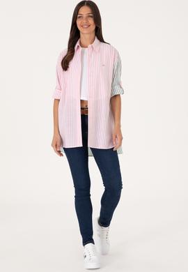 Kadın Pembe Çizgili Uzun Kollu Tunik Gömlek - 50307656027