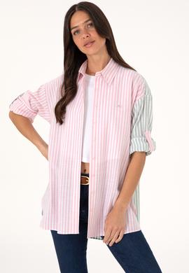Kadın Pembe Çizgili Uzun Kollu Tunik Gömlek - 50307656027