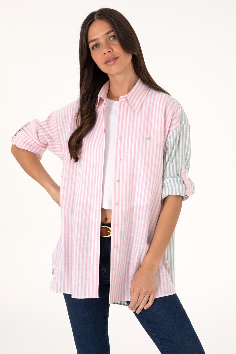 Kadın Pembe Çizgili Uzun Kollu Tunik Gömlek - 50307656027