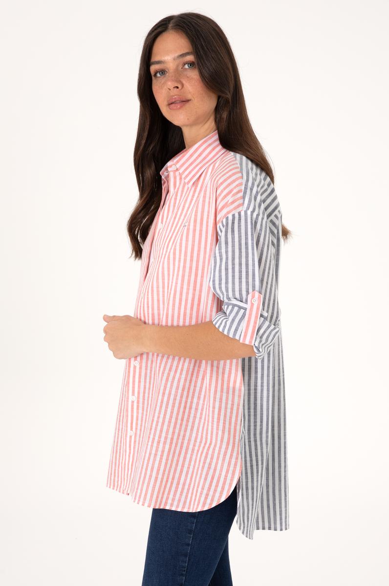 Kadın Vişne Çizgili Uzun Kollu Tunik Gömlek