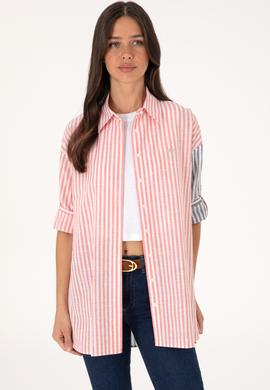 Kadın Vişne Çizgili Uzun Kollu Tunik Gömlek - 50307656039