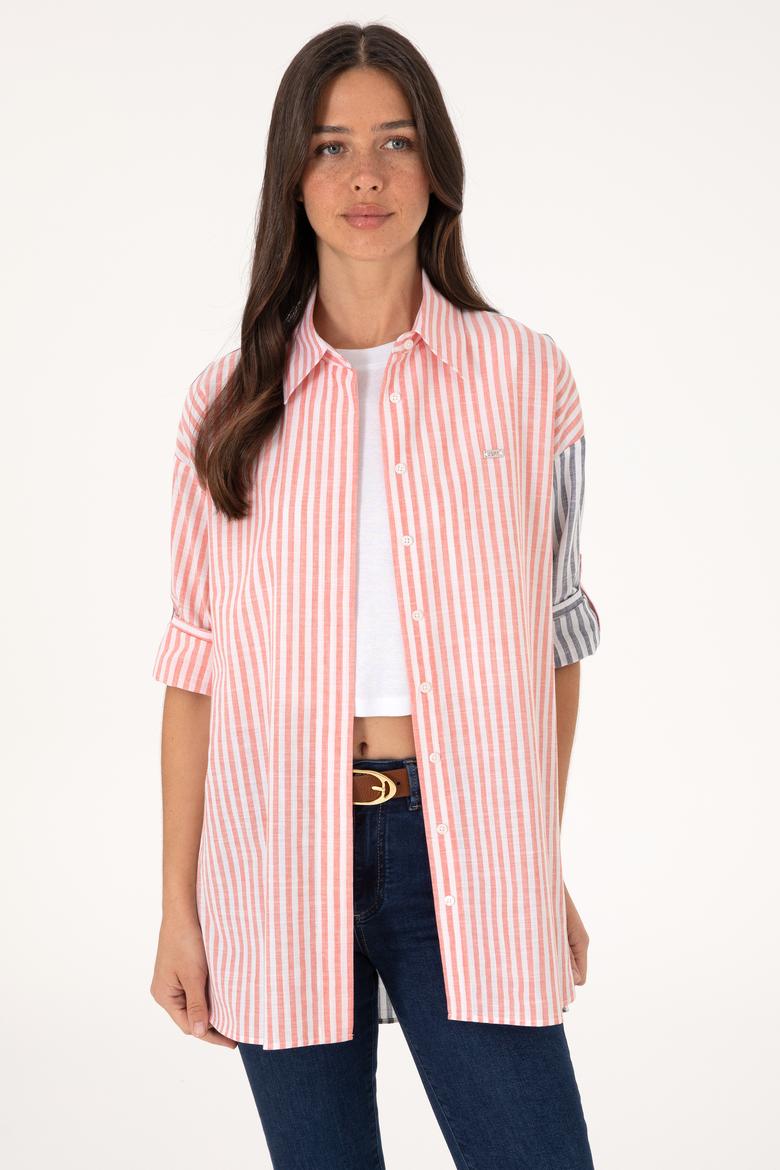 Kadın Vişne Çizgili Uzun Kollu Tunik Gömlek - 50307656039