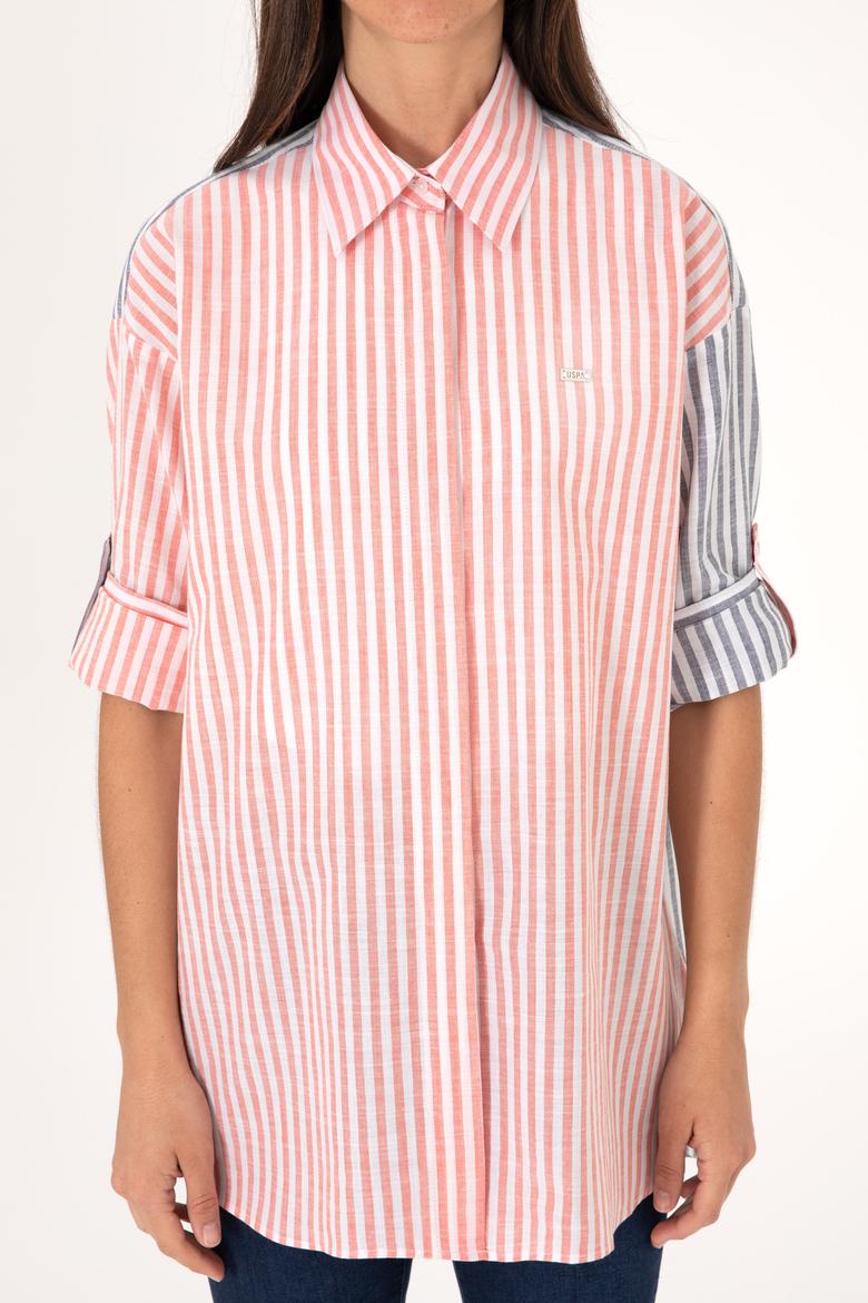 Kadın Vişne Çizgili Uzun Kollu Tunik Gömlek - 50307656039