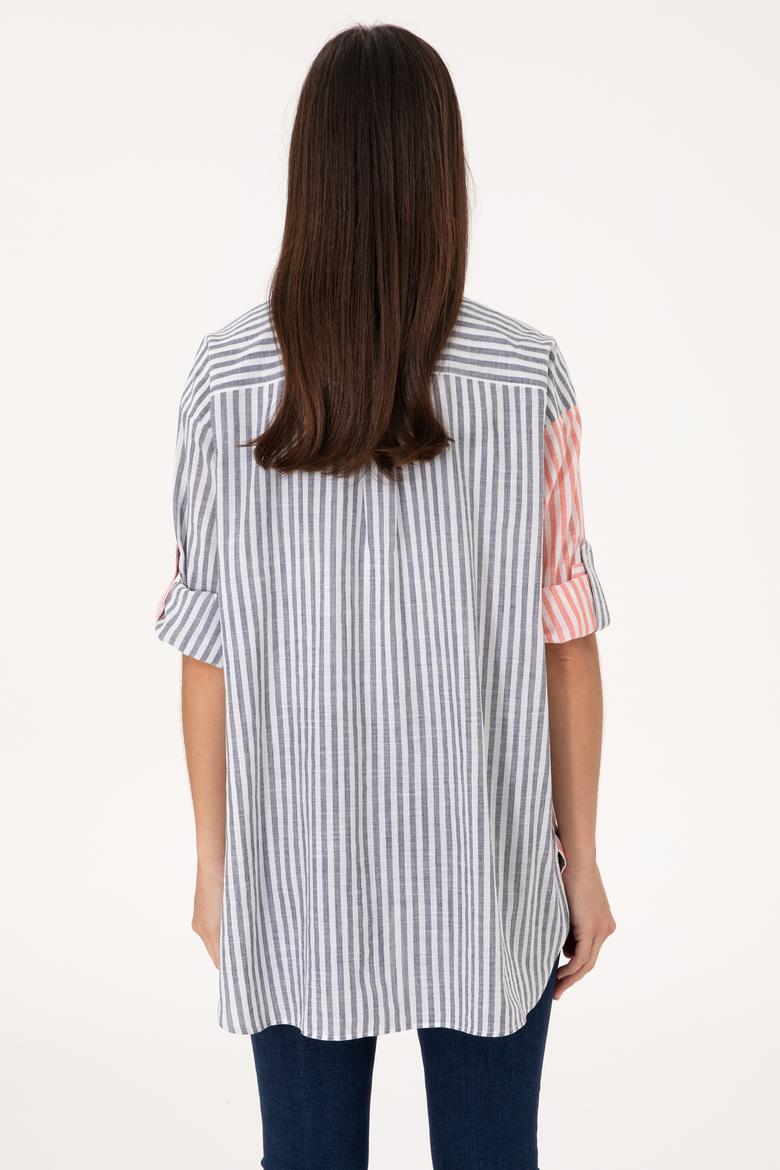 Kadın Vişne Çizgili Uzun Kollu Tunik Gömlek - 50307656039