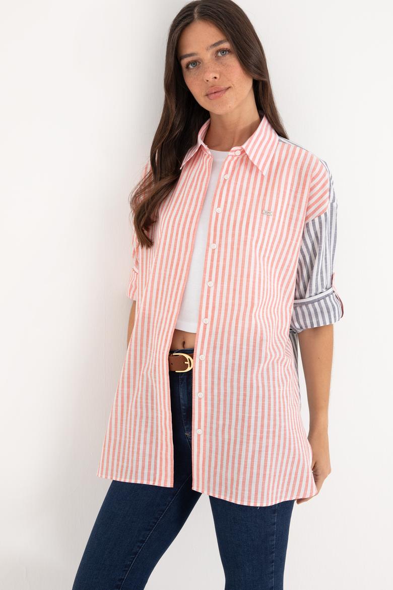 Kadın Vişne Çizgili Uzun Kollu Tunik Gömlek - 50307656039