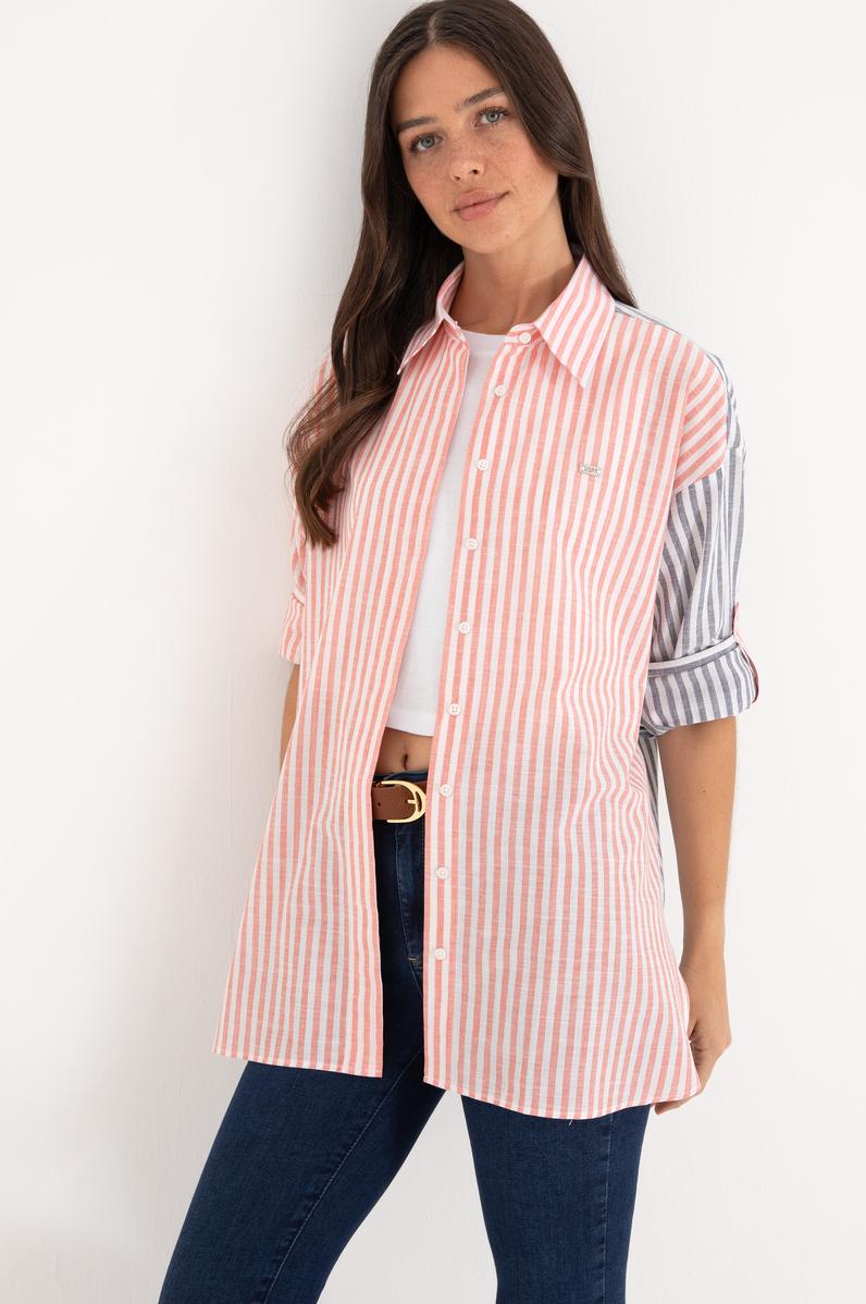 Kadın Vişne Çizgili Uzun Kollu Tunik Gömlek