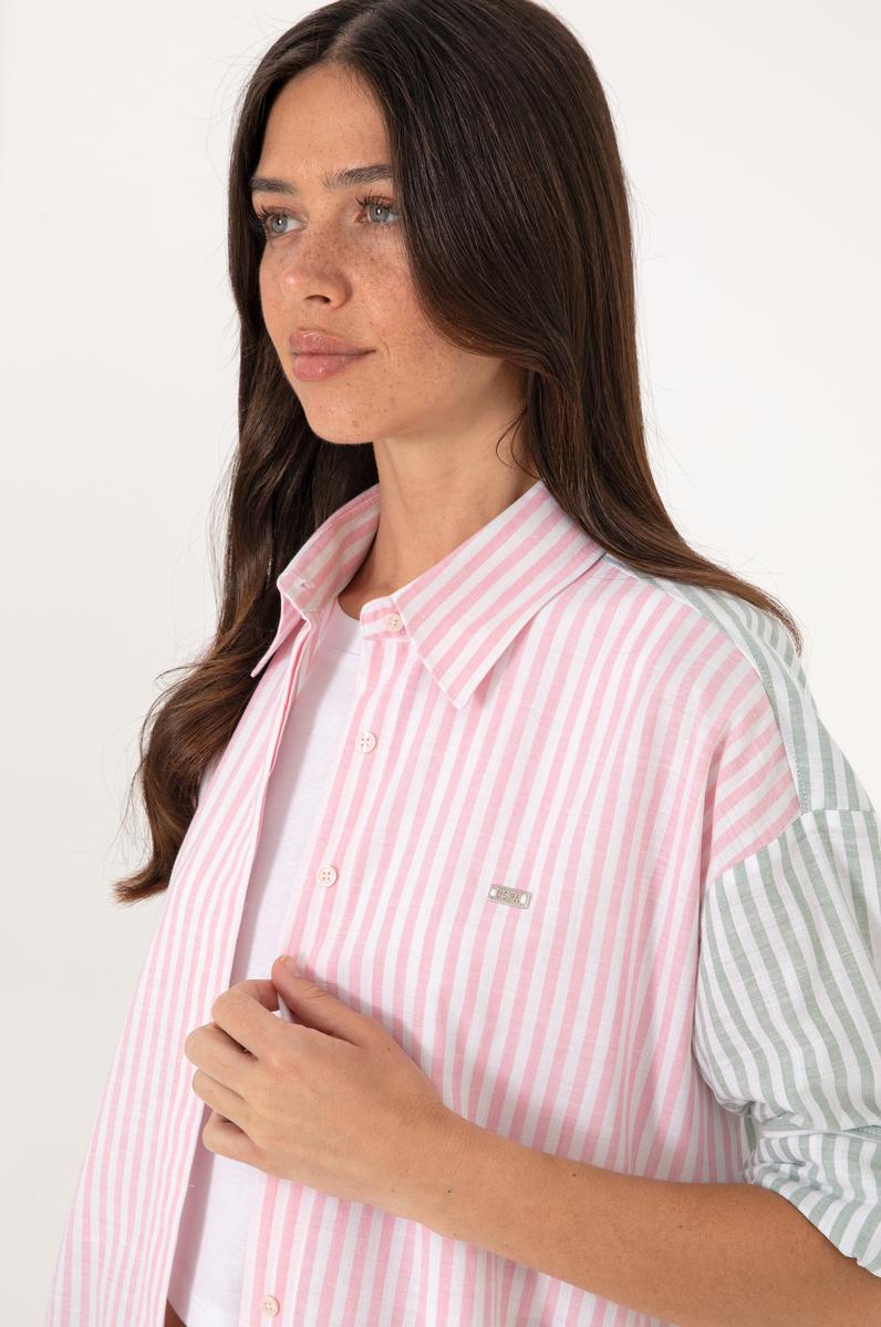 Kadın Pembe Çizgili Uzun Kollu Tunik Gömlek