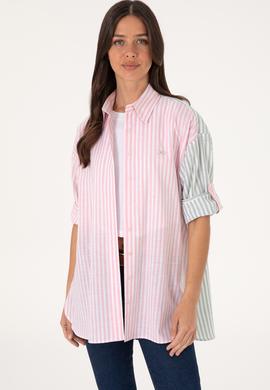 Kadın Pembe Çizgili Uzun Kollu Tunik Gömlek - 50307656027