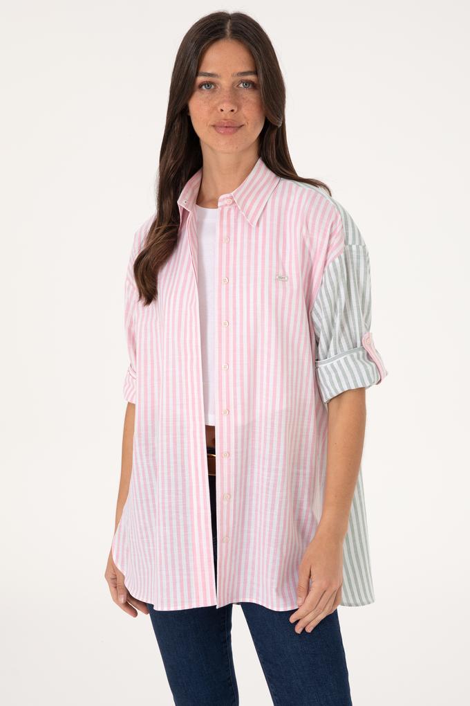 Kadın Pembe Çizgili Uzun Kollu Tunik Gömlek