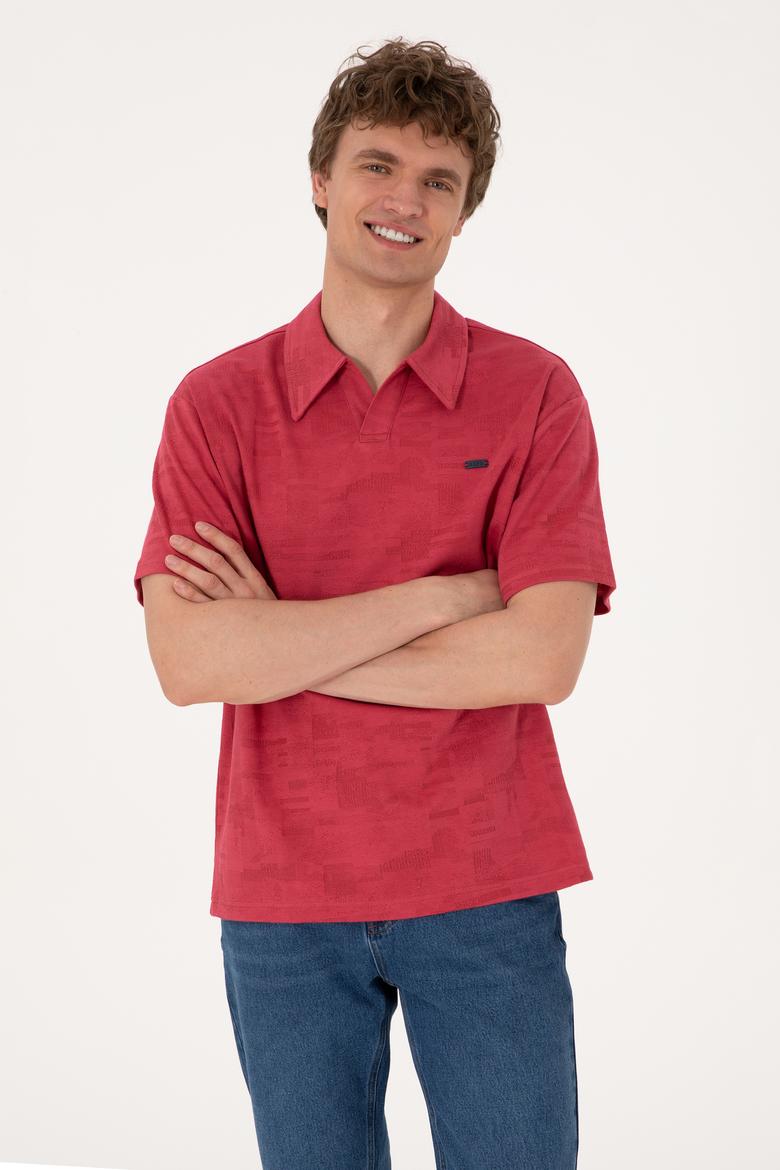 Erkek Comfort Fit Kaçık Yaka Vişne Tişört - 50303224022